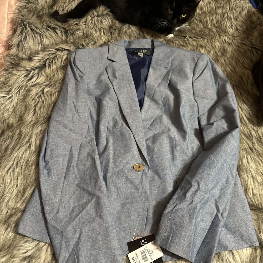 Kasper Blue Demin Blazer Womens 14 Lined Pockets 1 Button Collared Cuffed Career
